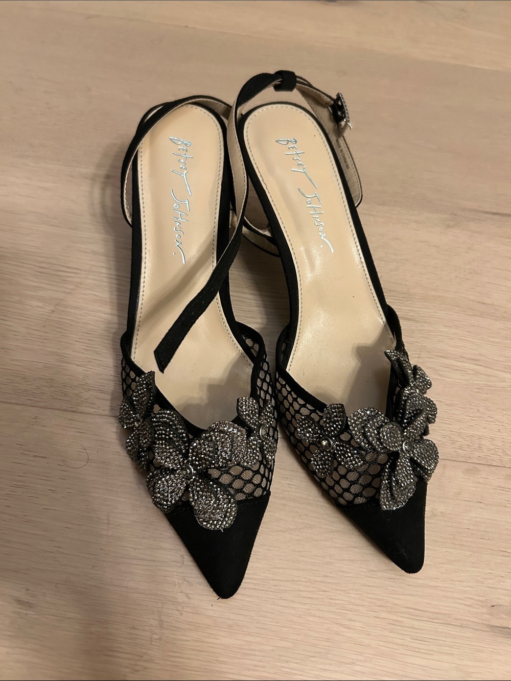 Betsey Johnson Black Embellished Pointed-Toe Slingback Mules